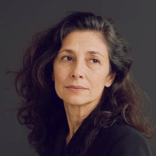 Pensive, thoughtful woman with gentle eyes and long dark hair