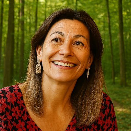 Woman with smiling face and shoulder-length hair, in woodland